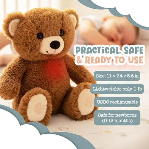 Miniatura 4 de Gemma Joy Calmante de Sueño para Bebé Oso Marrón para Bebé – Animal de Peluche con Latido Cardíaco Activado por Llanto – Calmante de Cuna Recargable