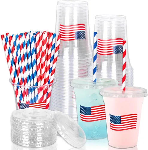 Whaline 50 vasos de plástico desechables patrióticos de 12 onzas con tapas y pajitas con la bandera estadounidense del 4 de julio, vasos para