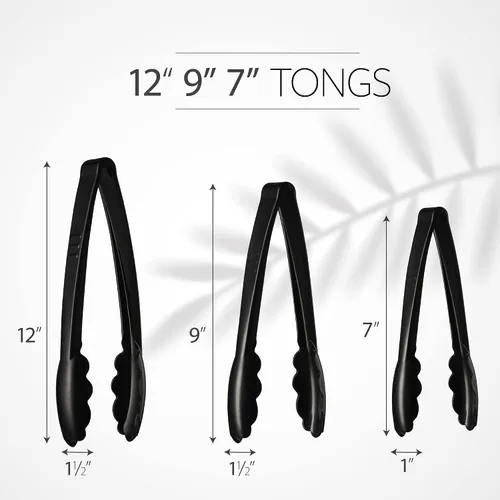 Miniatura 3 de Plasticpro Juego Combinado de Pinzas para Servir Negras Reutilizables de Servicio Pesado - 4 Piezas (7.5'', 9'', 12'') para Cocina, Barbacoa