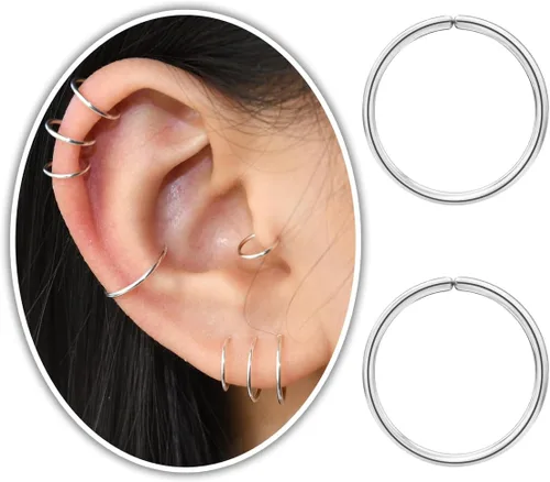 Miniatura 12 de Pequeños aretes de aro huggie de oro o plata de ley para mujeres y niñas, cartílago, nariz, hélix, tragus