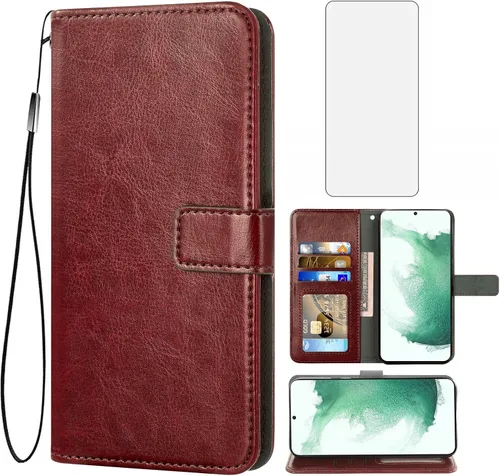Asuwish Funda tipo cartera compatible con Samsung Galaxy S22 Plus 5G, protector de pantalla de vidrio templado y funda de piel con tapa para