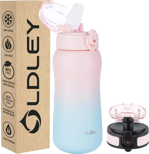 Miniatura 38 de Botella de agua aislada Oldley de 12 oz con pajita, botella de agua de acero inoxidable con 2 tapas, botellas de doble pared con vacío para adultos