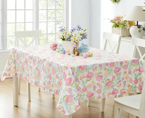 Newbridge Butterfly Field - Mantel de vinilo floral con parte trasera de franela, 52 x 52 pulgadas, cuadrado, flores pastel y mariposas con parte