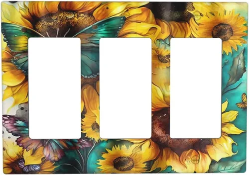 Miniatura 49 de Cubiertas de salida de girasoles amarillos, mariposas verdes y verde azulado de 1 banda, cubierta de interruptor de luz dúplex de 1 banda, placa