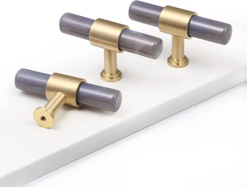 Miniatura 3 de Rockcloud Juego de 2 pomos de barra en T de ágata con tornillos, perillas cilíndricas para cajones, manijas para armario, armario, armario, Gris