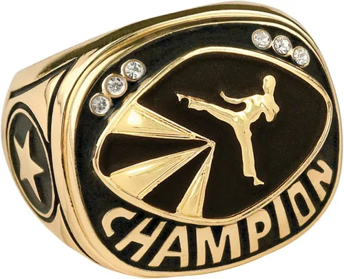 Express Medals Champion Martial Arts - Anillo de trofeo de karate judo en tamaños 6 a 15 con soporte de exhibición de premios y cadena estilo bola