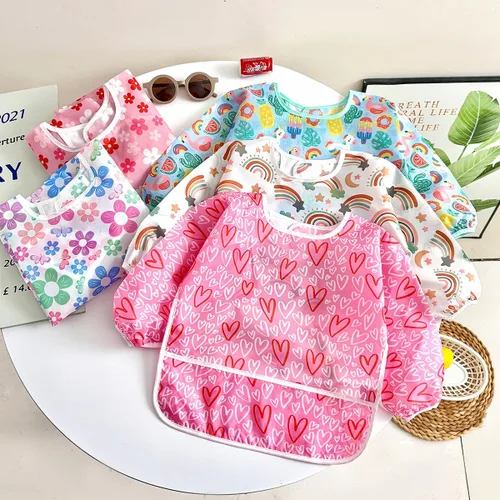 Miniatura 2 de PandaEar Paquete de 5 baberos de manga larga para bebé, babero impermeable de manga completa para bebés de 6 a 36 meses Rosa