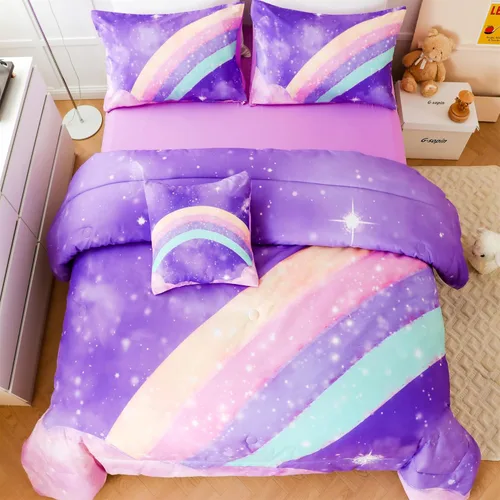 Miniatura 4 de ANGIYUIN - Juego de edredón infantil de gradiente arcoíris púrpura profundo, 6 piezas, ropa de cama con purpurina brillante para niñas, juego