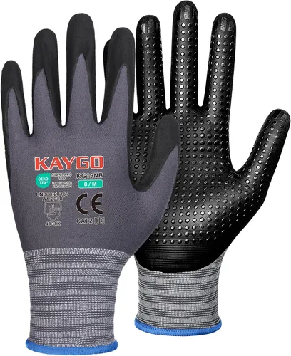 Miniatura 22 de KAYGO MicroFoam - Guantes de trabajo con revestimiento de nitrilo, 12 pares KG19N de nailon de punto sin costuras, micropuntos para un mejor agarre