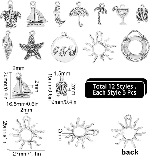 Miniatura 2 de SUNNYCLUE 1 caja de 72 piezas de 12 estilos de dijes plateados del océano Hawaii Beach Charm a granel estilo tibetano aleación tortuga marina sol