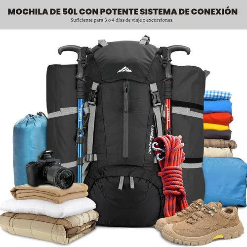 Miniatura 2 de Mochila Loowoko de 50 l para senderismo, impermeable, con cubierta para la lluvia, mochila esencial para acampar, mochila ligera de 45 + 5 litros