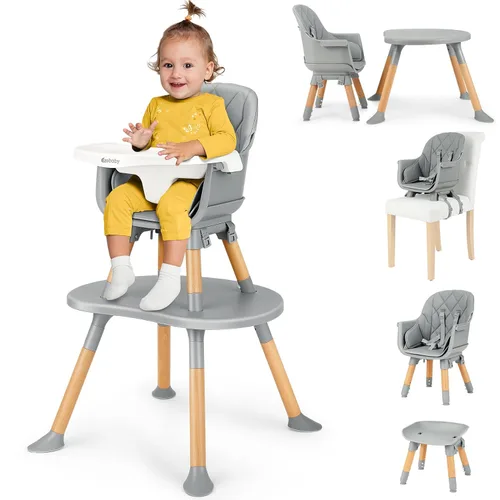 Ezebaby Silla Alta para Bebé, Silla Alta Convertible 8 en 1 a Asiento Elevador/Silla para Niño/Juego de Silla y Mesa, Silla Alta de Madera con Gris
