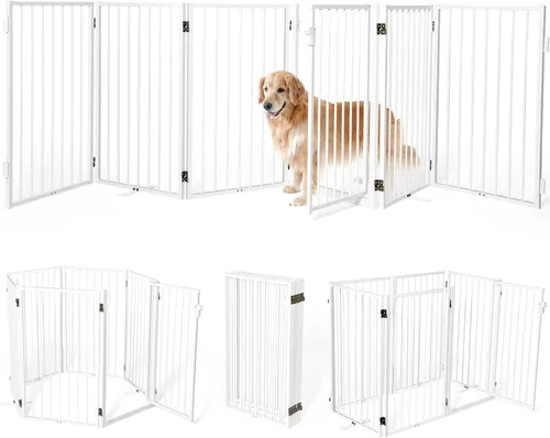 Miniatura 16 de Puertas de metal independientes para perros con puerta para interiores y exteriores, 80 pulgadas, extra ancho, 32 pulgadas de alto, puerta Blanco