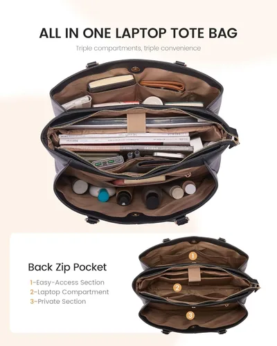 Miniatura 3 de LOVEVOOK: bolsa de mano para laptop para mujeres, bolsa de trabajo de cuero PU con 3 compartimentos, bolsa impermeable para computadora para viajes