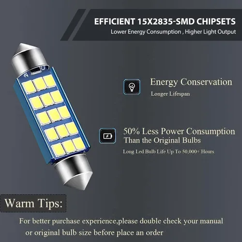 Miniatura 4 de 2 piezas de focos LED extremadamente brillantes 578, 1.59" 6500K 2835 chipsets 400LM luz de lectura de techo de doble punta para luces LED