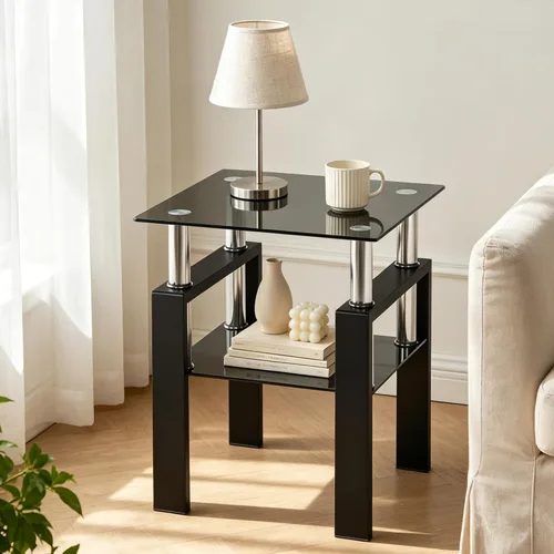 Meihua Tempered Glass End Table, Black Modern Square Side Table with Metal Frame, 2-Tier Glass Accent Table for Living Room, Bedroom, Apartment &