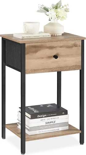 VASAGLE Mesita de noche, mesa auxiliar con cajón de tela, mesa auxiliar de 24 pulgadas de alto con estante de almacenamiento, dormitorio, roble
