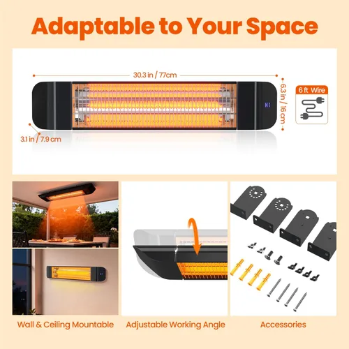 Miniatura 7 de Calentador infrarrojo de patio de 1500 W, 2 niveles (900 W/1500 W), calentador eléctrico para exteriores montado en la pared con control remoto