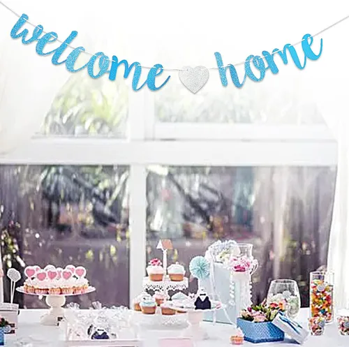 Miniatura 2 de Cartel de bienvenida a casa, decoración de fiesta de bienvenida con purpurina azul, letrero para decoración de fiesta del ejército militar
