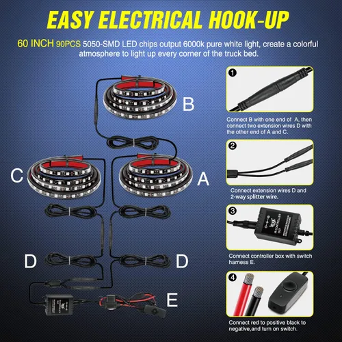 Miniatura 6 de Nilight Juego de 3 tiras de luz RGB de 60 pulgadas para cama de camión, 270 LED de neón de acento con control remoto RF, interruptor de encendido