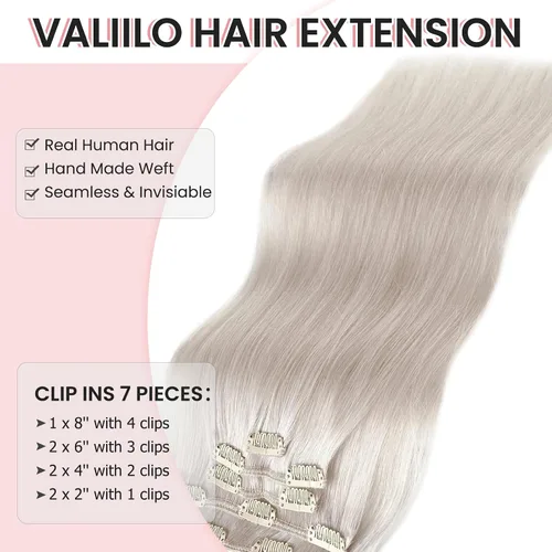 Miniatura 2 de Extensiones de cabello humano real con clip, color blanco hielo, extensiones de cabello humano Remy con clip, 18 pulgadas, 7 piezas, 2.47 oz