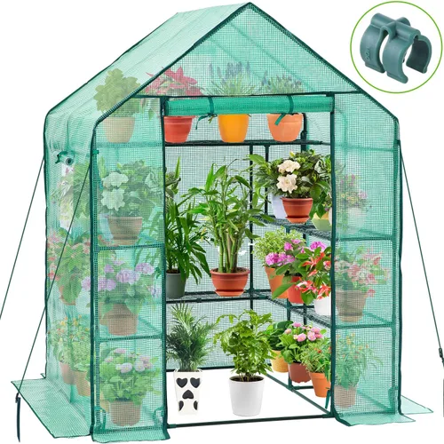 Invernadero para exteriores con ventanas de malla, Ohuhu 4 niveles mejorados 11 estantes invernaderos transitables con cubierta de PE duradera, casa