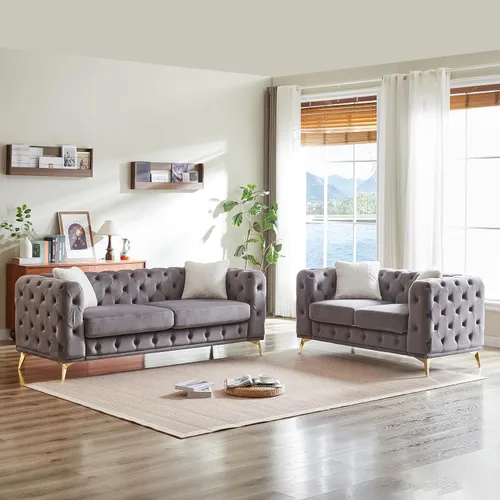 Miniatura 10 de KEIKI Sofá Chesterfield de terciopelo de lujo de 61 pulgadas con 2 almohadas, estilo mediados de siglo con botones copetudos de 2 plazas con cojines