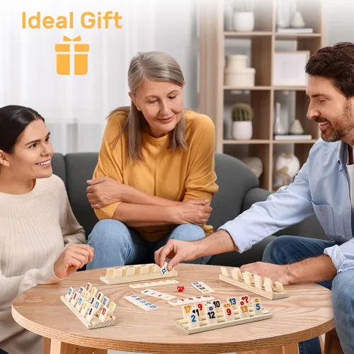 Miniatura 6 de Juego de cubo Rummy con estuche y 4 bastidores de madera/bandejas, 106 juegos de azulejos Rummy Juego de juego clásico de viaje con 4 soportes