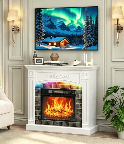 Miniatura 12 de Bonnlo Soporte de TV con chimenea para televisores de hasta 80 pulgadas, centro de entretenimiento rústico con calentador eléctrico y estantes Roble