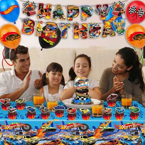 Miniatura 5 de Decoraciones de fiesta temática de autos calientes, suministros para fiesta de cumpleaños con volante de carreras, incluye pancarta de feliz