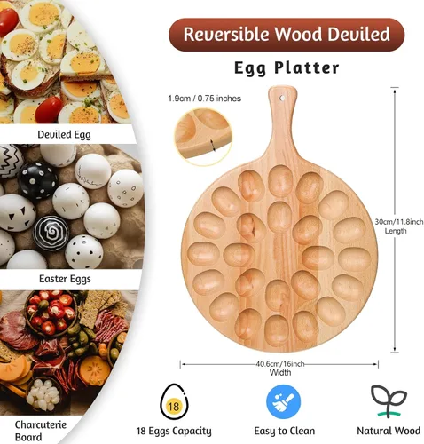 Miniatura 2 de Lounsweer Plato reversible de madera para huevos y charcutería, bandeja gruesa para huevos de gallina, para encimera, refrigerador, huevos