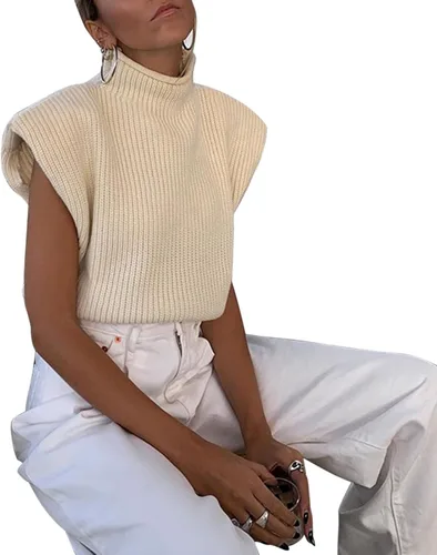 Miniatura 3 de Suéter de cuello alto para mujer, con almohadilla para el hombro, sin mangas, suéter de punto