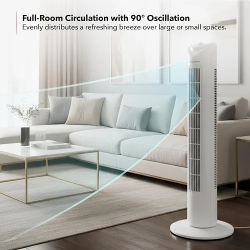 Miniatura 5 de OVENTE Ventilador de torre de 32 pulgadas para dormitorio, ventilador de soporte portátil con oscilación de 90°, velocidad ajustable, ventilador