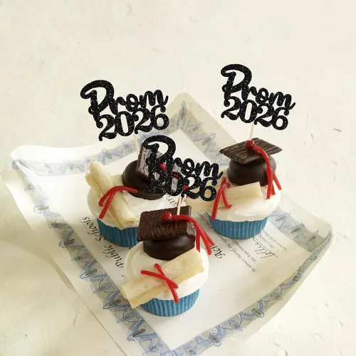 Miniatura 6 de Gyufise 24 piezas de decoración para cupcakes con purpurina para graduación 2026, decoración de pasteles para graduación 2026, decoración de Negro