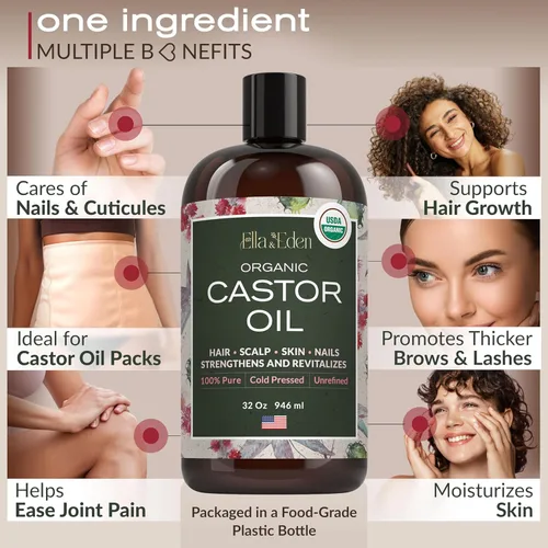 Miniatura 4 de Ella & Eden Aceite de Ricino Orgánico – Prensado en Frío Sin Hexano Sin Refinar - Para el Crecimiento del Cabello, Piel y Rostro - Certificado por