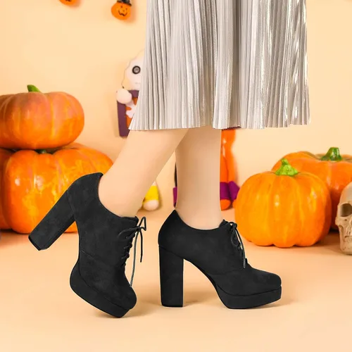 Miniatura 2 de Allegra K Botines con cordones de tacón grueso y plataforma para mujer