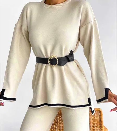 Miniatura 5 de MaLinfandor Conjunto de 2 piezas de suéter de punto para mujer, sudadera de manga larga, pantalones elásticos de pierna ancha, conjunto de ropa