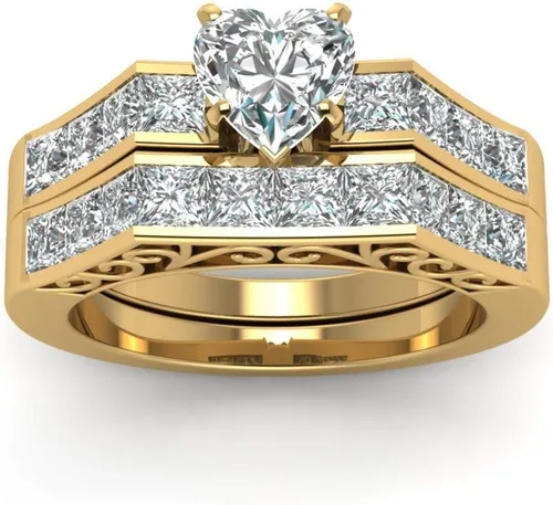 Miniatura 3 de WRS WEDDING RING SET Two Rings - Anillos para parejas para mujer, de oro amarillo de 10 quilates, con circonita cúbica blanca, conjuntos