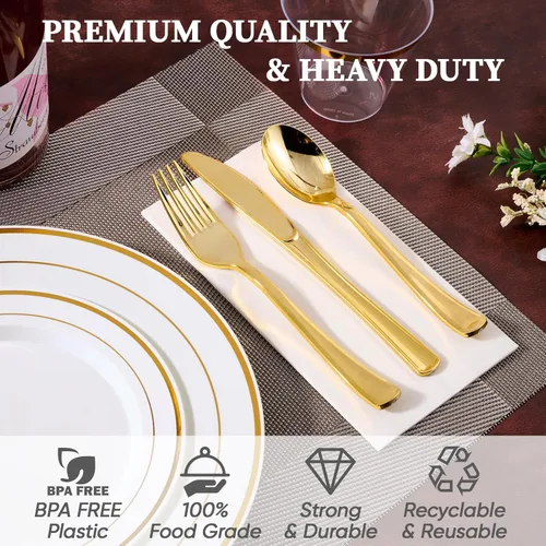 Miniatura 3 de FOCUSLINE Juego de vajilla dorada de 600 piezas para 100 invitados - Platos de plástico desechables con borde dorado, incluye 100 platos de cena