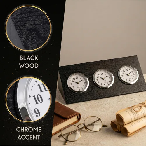 Miniatura 2 de Bey-Berk Reloj de triple zona horaria en madera negra, 9.25 pulgadas de largo x 3.5 pulgadas de ancho x 2.75 pulgadas de alto