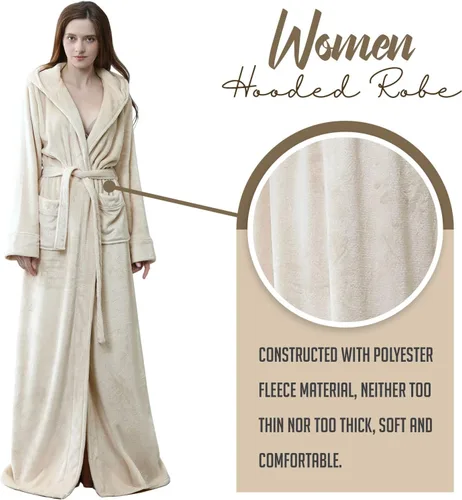 Miniatura 3 de Hellomamma Bata larga con capucha para mujer, lujosa franela de forro polar, bata de baño de longitud completa, pijama cálida de invierno, camisón