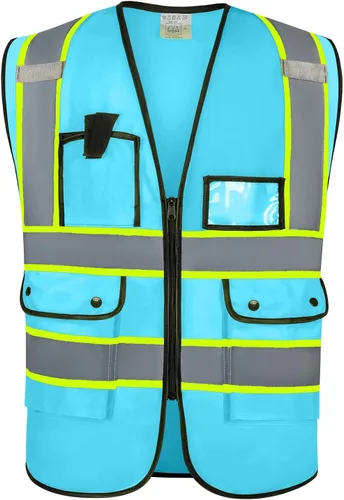Miniatura 2 de Chaleco de seguridad con logotipo personalizado, chaleco reflectante de visibilidad estándar ANSI clase 2 a granel con bolsillos y cremallera