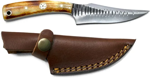 Titan International Knives Cuchillo de acero al carbono 1080 para desollar y cazar | Mango de hueso quemado de hoja EDC de supervivencia hecho a