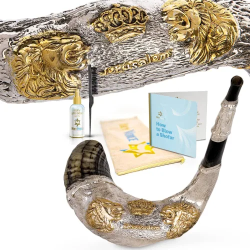 Miniatura 9 de Holy Voice "Leones y Corona" Shofar de 20"-22" de Ram decorativo bañado en plata esterlina con soporte de Shofar, bolsa de transporte y cepillo