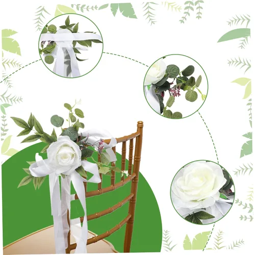 Miniatura 4 de Decoraciones de pasillo para ceremonia de boda, 6 piezas de rosas artificiales para decoración de pasillo de boda con cintas, decoración floral