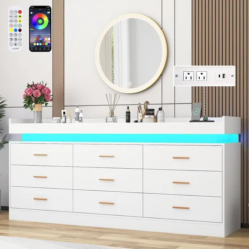 Miniatura 5 de Cómoda de 9 cajones con luz LED y estación de carga, cómoda moderna de 63 pulgadas para armario, armario organizador de cajones anchos para Blanco