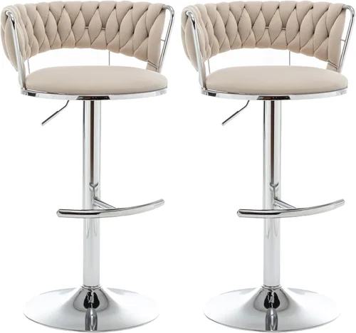 Miniatura 36 de Taburetes de bar dorados juego de 2, taburetes de bar de terciopelo giratorios con respaldo tejido, taburetes ajustables para isla de cocina, Beige
