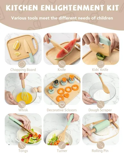 Miniatura 2 de Juego de cocina Montessori de madera para niños, herramientas de cocina reales y utensilios para hornear, kit de cocina de 15 piezas para niños