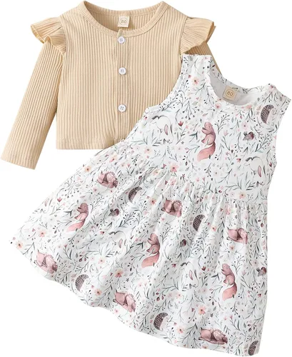 Toddler Baby Girls Dress and Cardigan Set Baby Girl Cute Animal Print Sleeveless Dress and Coat 2Pcs Outfits Set