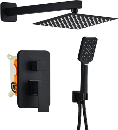 Miniatura 10 de Sistema de ducha de 8 pulgadas con caño de bañera, juego de grifería de ducha negra para baño, cabezal de ducha cuadrado de alta presión